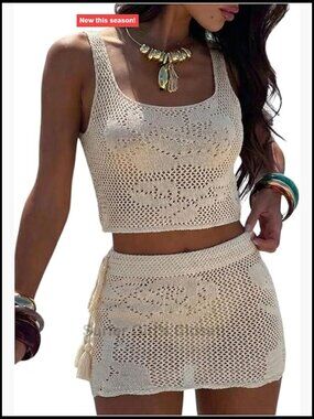 2 Piece Crochet Cover Up Set Crop Tank Top Mini Beach Skirt Swimsuit Coverups